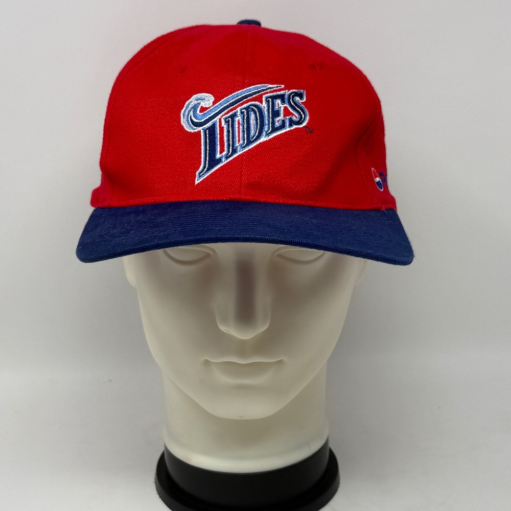 Vtg 90s  Norfolk Tides Snapback Baseball Cap Hat Red Blue Pepsi FM99 WNOR MiLB